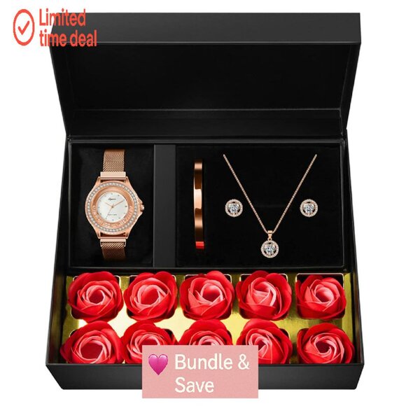 Rose Gold Watch Set with Necklace Bracelet Earrings - Adjustable Magnetic Band
